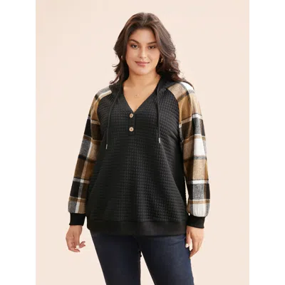 Bloomchic Plaid Patchwork Hooded Raglan Sleeve Sweatshirt In Black