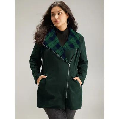 Bloomchic Plaid Patchwork Lapel Collar Zipper Coat In Green