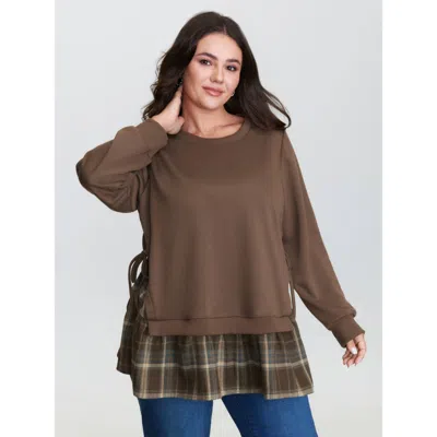 Bloomchic Plaid Pattern Layered Stretchy Sweatshirt In Brown