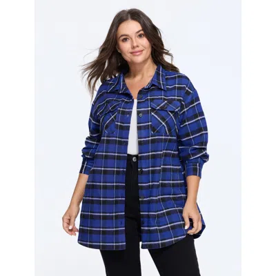 Bloomchic Plaid Pocket Button Down Jacket In Blue