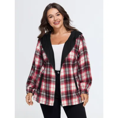 Bloomchic Plaid Pocket Zipper Hoodie In Red