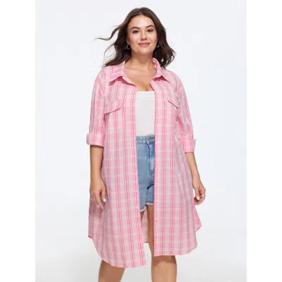 Bloomchic Plaid Print Button Down Shirt Jacket In Lightpink