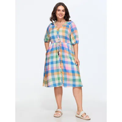 Bloomchic Plaid Print Drawstring Waist Midi Dress In Multi