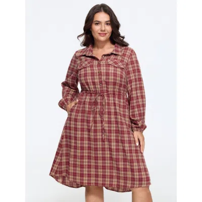 Bloomchic Plaid Print Drawstring Waist Shirt Mini Dress In Burgundy
