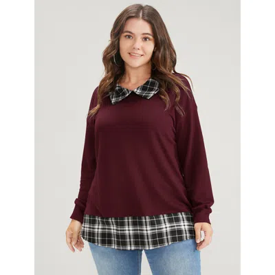 Bloomchic Plaid Print Drop Shoulder 2-in-1 Sweatshirt In Burgundy