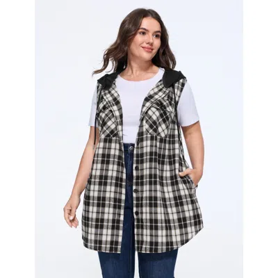 Bloomchic Plaid Print Hooded Sleeveless Long Vest In Black
