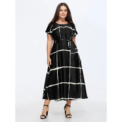 Bloomchic Plaid Print Round Neck Belted Midi Dress In Black