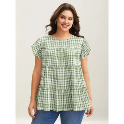 Bloomchic Plaid Print Textured Lotus Leaf Sleeve Shirt In Green