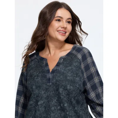 Bloomchic Plaid Raglan Sleeve Waffle Knit Sweatshirt In Blue