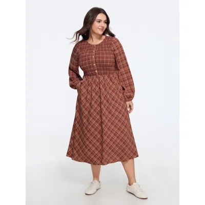Bloomchic Plaid Round Neck Shirred Long Sleeve Midi Dress In Multi