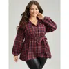 Bloomchic Plaid Shirt Collar Belted Button Through Blouse In Raspberry