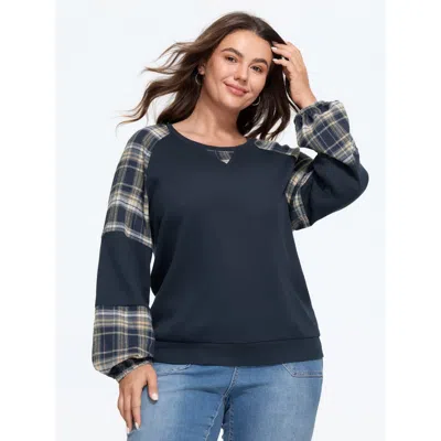 Bloomchic Plaid Splice Raglan Sleeve Waffle Knit Sweatshirt In Indigo