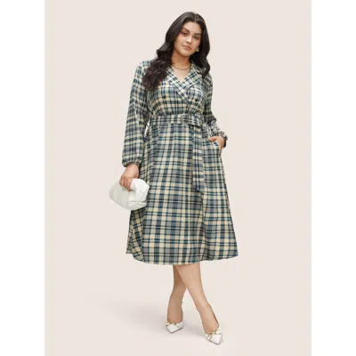 Bloomchic Plaid Suit Collar Pocket Belted Dress In Gray
