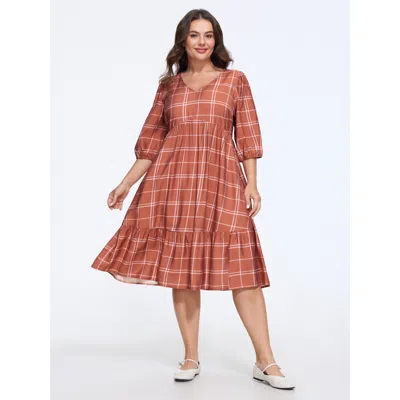 Bloomchic Plaid V Neck 3/4 Puff Sleeve Midi Dress In Brown