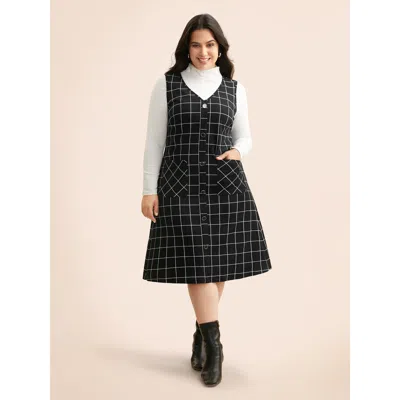Bloomchic Plaid V Neck Button Detail Dress In Black