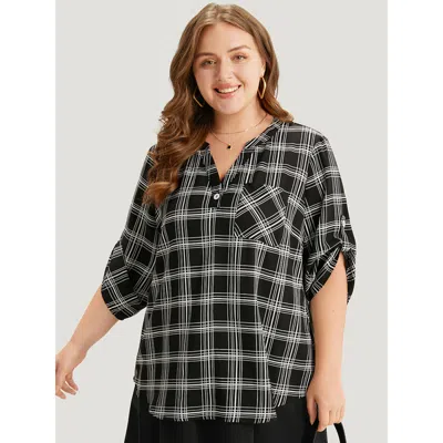 Bloomchic Plaid V Neck Button Up Tab Sleeve Woven Top In Black