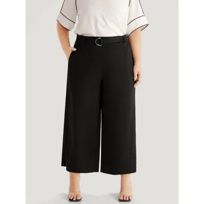 Bloomchic Plain Belted Buckle Detail Woven Pants In Black