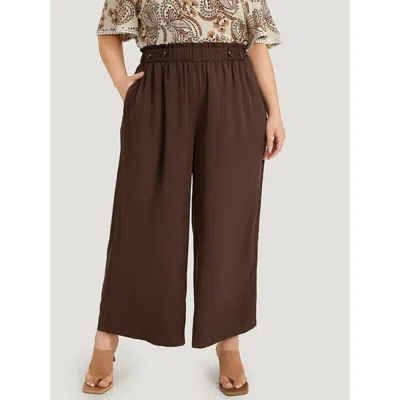 Bloomchic Plain Button Detail Pocket Paperbag Waist Woven Pants In Brown