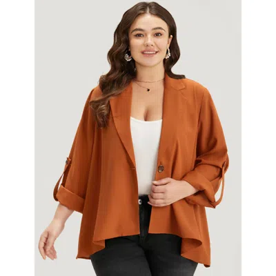 Bloomchic Plain Button Up Tab Sleeve High Low Hem Jacket In Brown