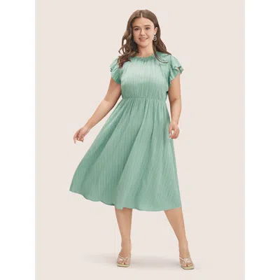 Bloomchic Plain Cap Sleeve Ruffles Trim Mock Neck Pocket Dress In Green