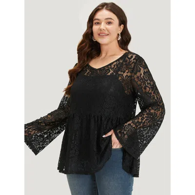 Bloomchic Plain Contrast Lace Mesh Gathered Bell Sleeve T-shirt In Animal Print