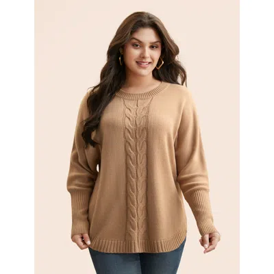 Bloomchic Plain Dolman Sleeve Arc Hem Pullover In Brown