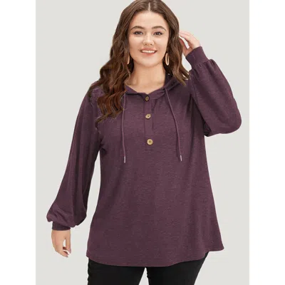Bloomchic Plain Drawstring Button Up Hooded Elastic Cuffs Sweatshirt In Purple
