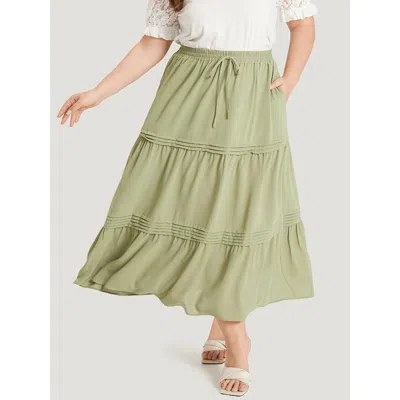 Bloomchic Plain Drawstring Pocket Ruffle Layered Hem Skirt In Sage