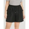 Bloomchic Plain Flap Pocket Drawstring Shorts In Black