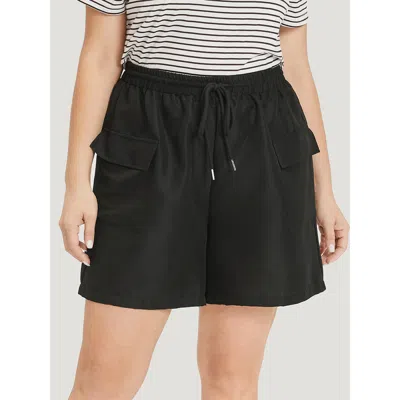 Bloomchic Plain Flap Pocket Drawstring Shorts In Black