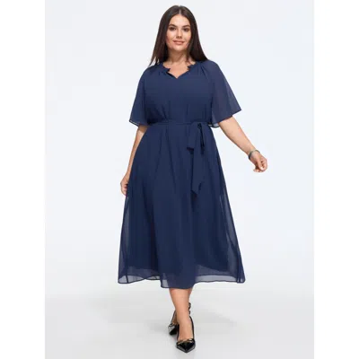 Bloomchic Plain Flutter Sleeve Tie Waist Chiffon Midi Dress In Darkblue
