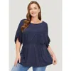 Bloomchic Plain Gathered Batwing Sleeve Ruffle T-shirt In Blue