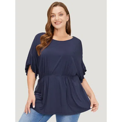 Bloomchic Plain Gathered Batwing Sleeve Ruffle T-shirt In Blue
