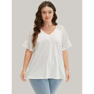 Bloomchic Plain Geometric Mesh Raglan Sleeve Ruffle Trim T-shirt In Multi