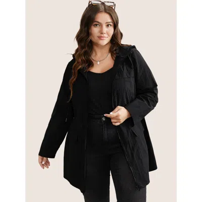 Bloomchic Plain Hooded Drawstring Gathered Zipper Jacket In Black