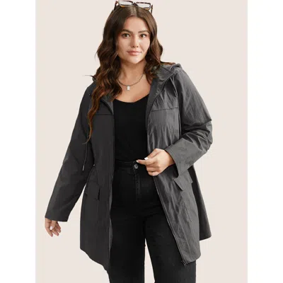 Bloomchic Plain Hooded Drawstring Gathered Zipper Jacket In Gray