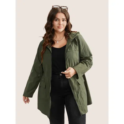 Bloomchic Plain Hooded Drawstring Gathered Zipper Jacket In Green