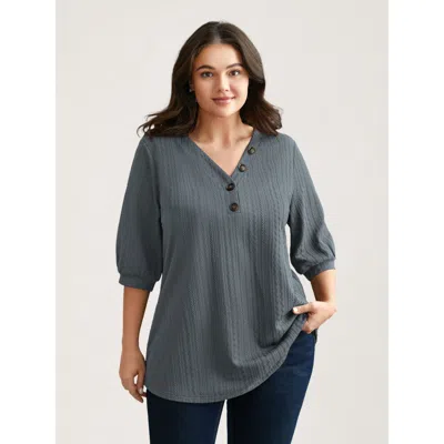 Bloomchic Plain Knit Texture Gathered Top In Slategray