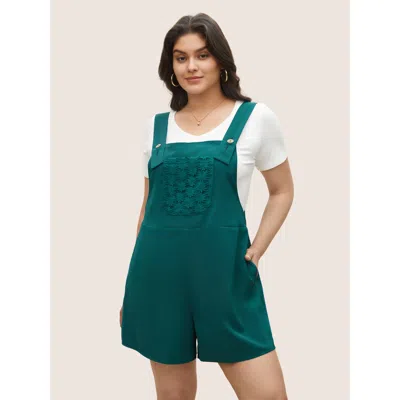 Bloomchic Plain Lace Insert Front Pocket Overall Romper In Green