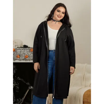 Bloomchic Plain Longline Zipper Hoodie In Black