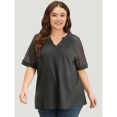 Bloomchic Plain Notched Crochet Lace Raglan Sleeve T-shirt In Gray