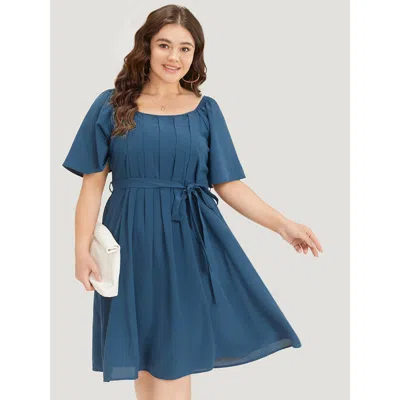Bloomchic Plain Pocket Belted Pleated Raglan Sleeve Dress In Blue