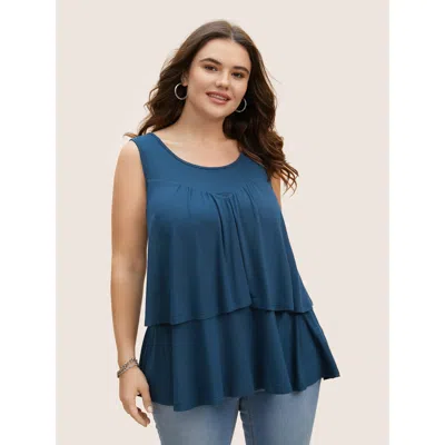 Bloomchic Plain Round Neck Tiered Ruffles Tank Top In Blue