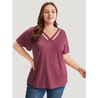 Bloomchic Plain Ruffle Sleeve Heather Crisscross Neck T-shirt In Burgundy