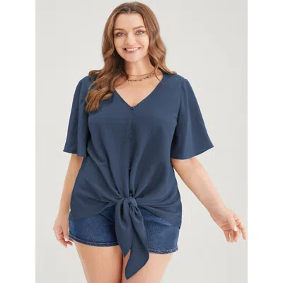 Bloomchic Plain Ruffle Sleeve Knot Front Button Detail Blouse In Indigo
