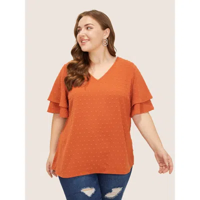 Bloomchic Plain Ruffle Tiered Sleeve V Neck Polka Dot Blouse In Orange