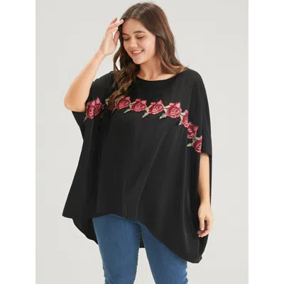 Bloomchic Plain Ruffles Asymmetrical Hem Dolman Sleeve Embroidered Blouse In Black