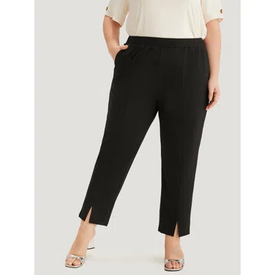 Bloomchic Plain Split Hem Pocket Elastic Waist Pants In Black