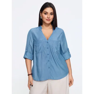 Bloomchic Plain Tab Sleeve Dual Pocket Blouse In Lightblue