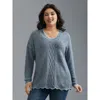 Bloomchic Plain Textured Contrast Trim Cable Knit Pullover In Blue
